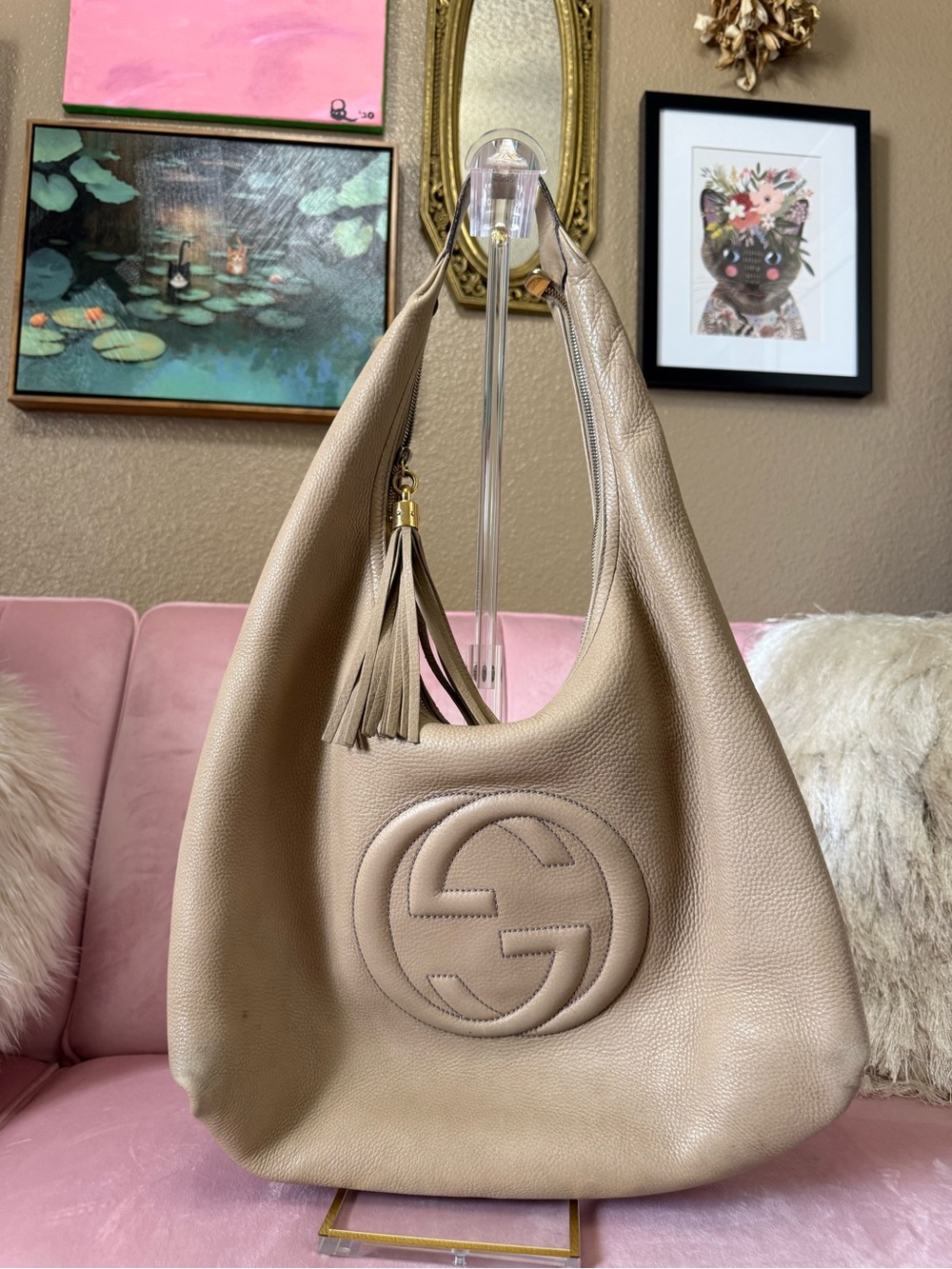 💯Authentic Gucci SOHO Pebbled Tan Leather Hobo Bag Shoulder Bag w Tassel